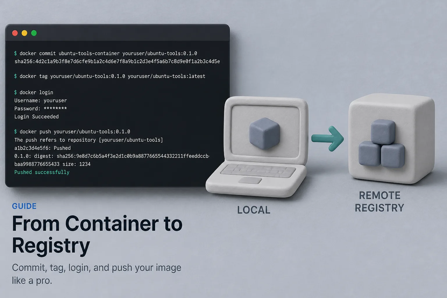 Terminal showing docker commit, tag, login, and push to a registry